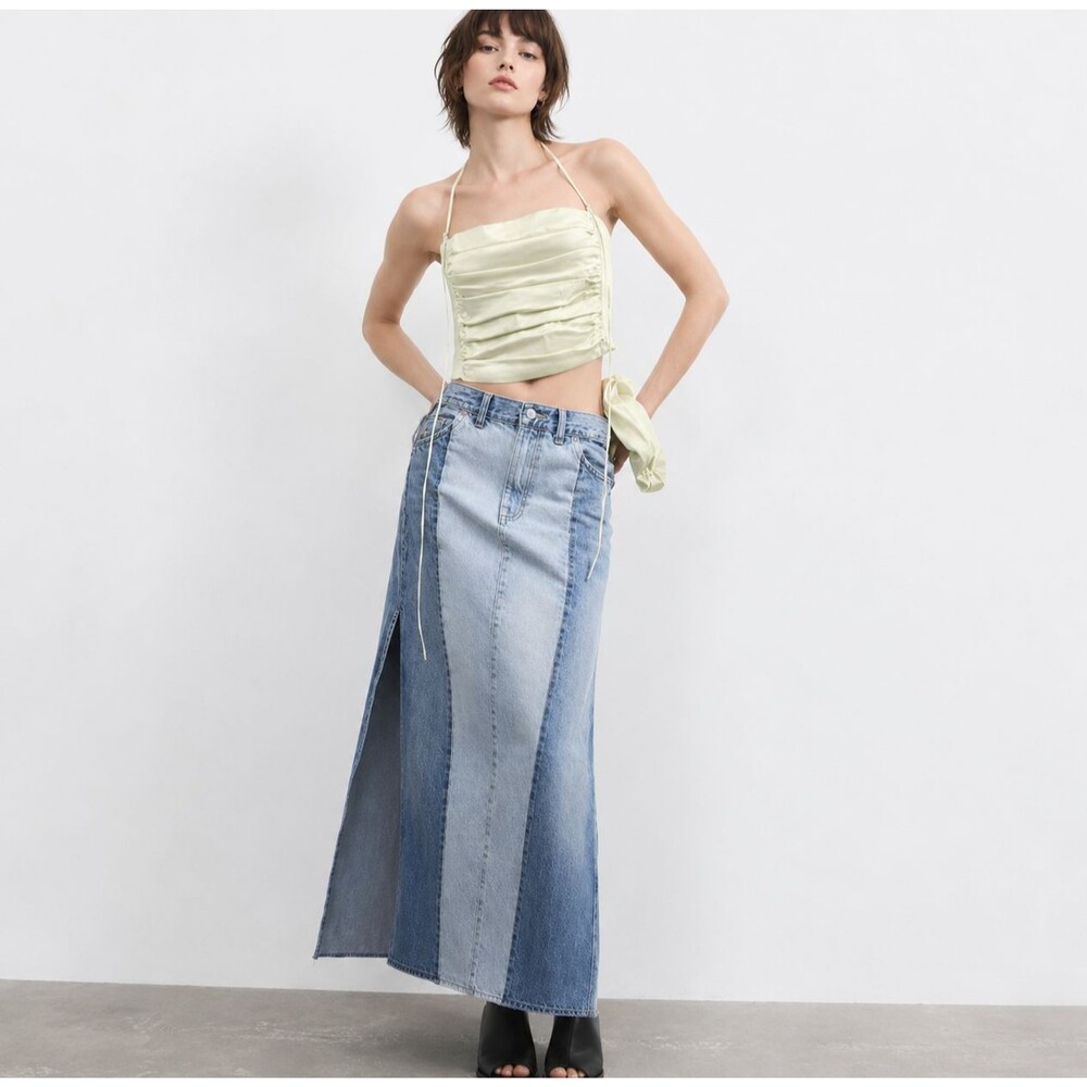 Zara Patchwork Denim Maxi Skirt Womens XL Blue Frayed Side Slit Y2K Boho Grunge